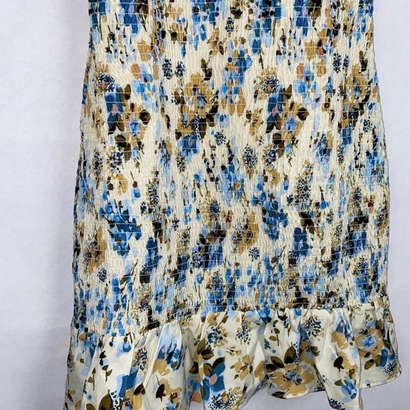 NWOT NSR Puff Sleeve Smocked Butter Cream Blue Gold Floral Mini Dress Small NEW - Picture 2 of 7